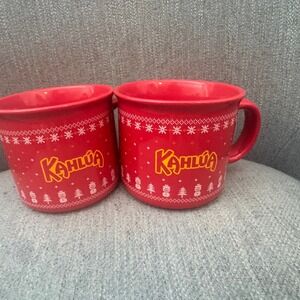 Kahlua Red‎ Christmas Holiday Mugs Set of 2 Snowman Trees Festive Design